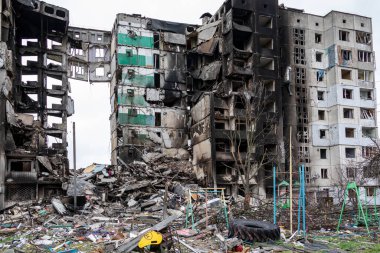 Borodianka, Ukrayna - 6 Nisan 2022: Rus ordusu tarafından bombalandıktan ve işgalden sonra şehir