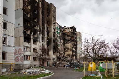 Borodianka, Ukrayna - 6 Nisan 2022: Rus ordusu tarafından bombalandıktan ve işgalden sonra şehir