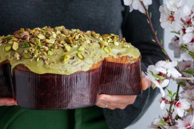 Kadında Kolomba di Pasqua, el çırpma, geleneksel İtalyan paskalya güvercini pastası, yeşil şam fıstığı jölesi, taze bahar çiçekleri, pasqua keki.