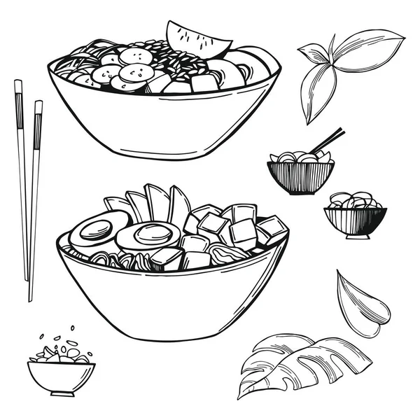 Tazones Hechos Mano Comida Tradicional Hawaiana Dibujo Vectorial Ilustración — Vector de stock