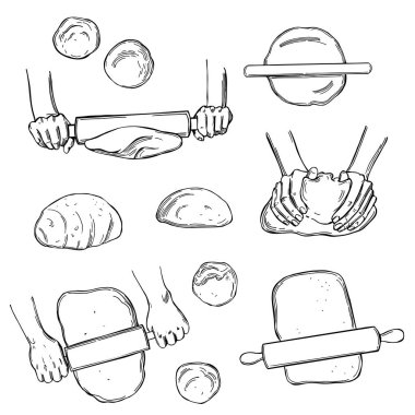 El yapımı hamur seti, elleri hamuru yuvarlıyor. Vektör çizimi çizimi.  