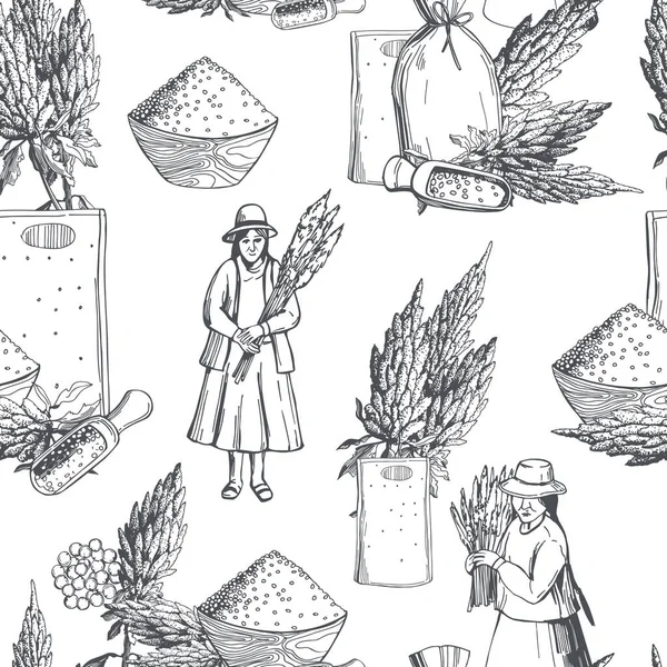 Set Tangan Quinoa Ditarik Tanaman Dan Biji Bijian Perempuan Petani - Stok Vektor
