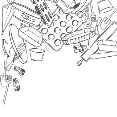 El yapımı fırın aletleri. Pişirme aletleri ve temel ihtiyaçlar. Vektör arkaplanı. Çizim çizimi 