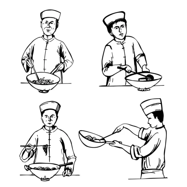 Wok设置 手绘厨师拿着锅 矢量草图说明 — 图库矢量图片