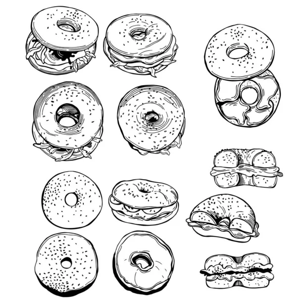 Conjunto Bagels Desenhados Mão Desenho Vetorial Ilustração — Vetor de Stock