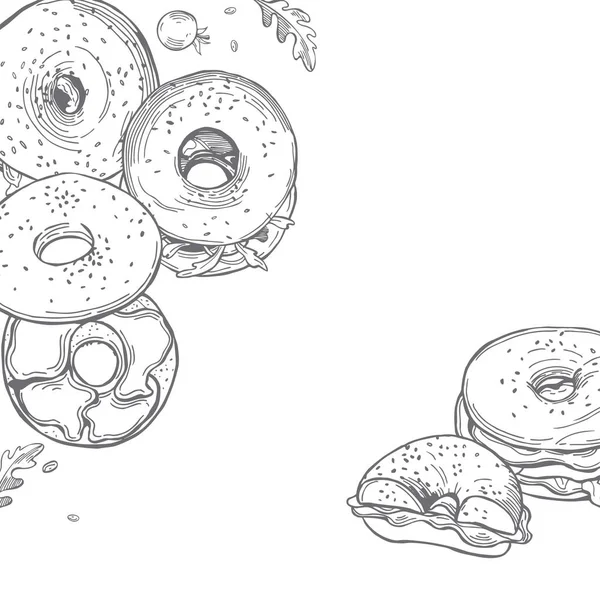 Fundo Vetorial Com Bagels Desenhados Mão Desenho Ilustração — Vetor de Stock