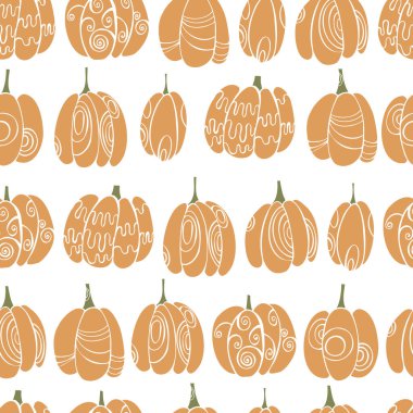  Beyaz arkaplanda el çizimi balkabakları olan kusursuz vektör deseni