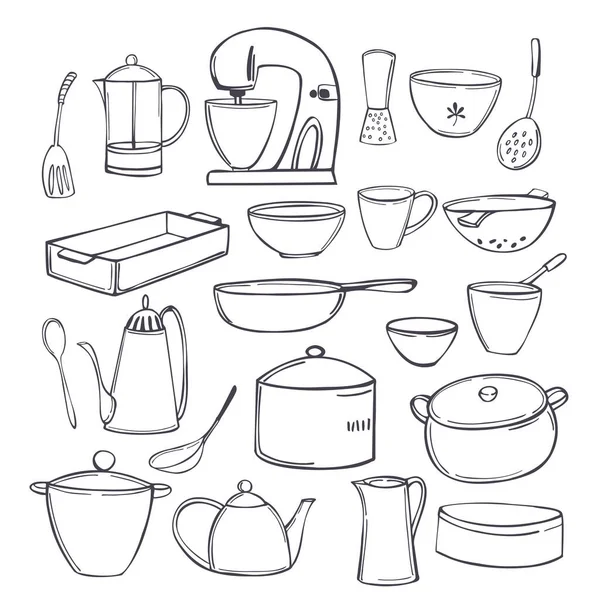 手绘厨房用具 工具和炊具 矢量草图说明 — 图库矢量图片