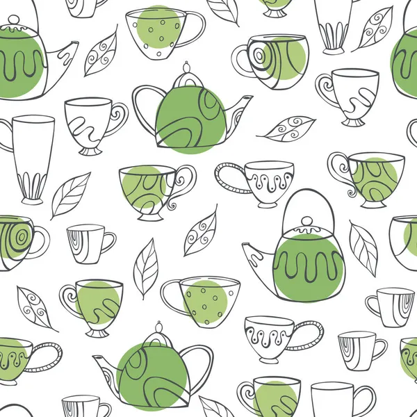 Hand Drawn Teapots Cups White Background Vector Seamless Pattern — Stock Vector