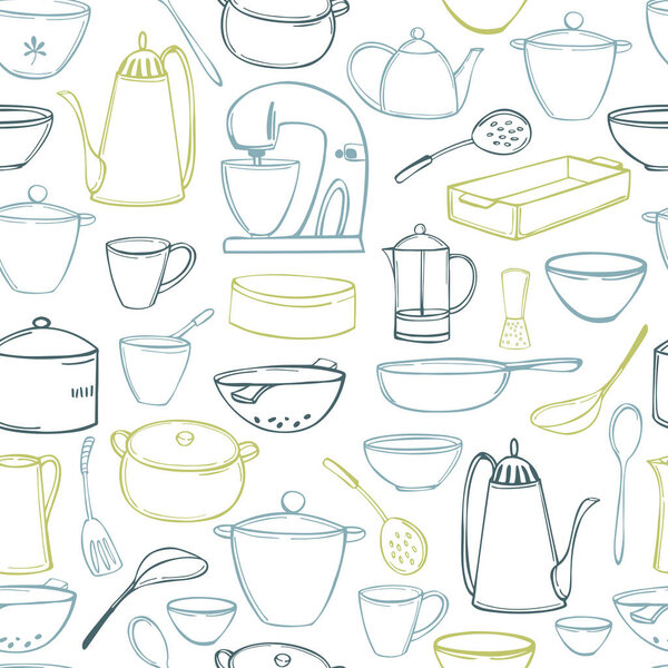 Hand-drawn kitchenware. Vector  seamless pattern