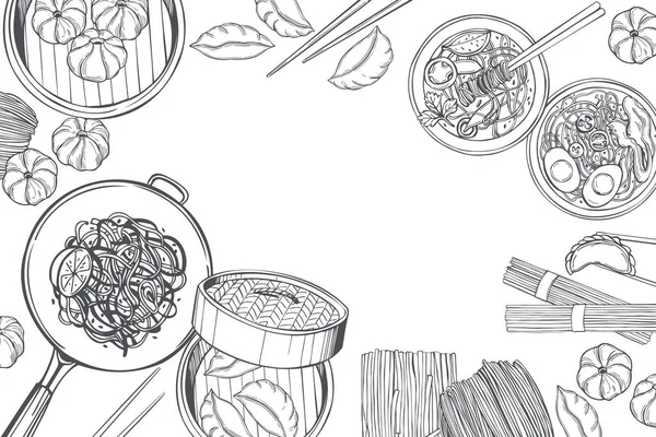 Asian Food Vector Background Noodle Soup Ramen Dim Sum Wok — Stock Vector