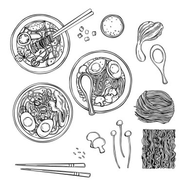 El yapımı Asya erişte çorbası. Ramen hazır. Vektör çizimi çizimi.