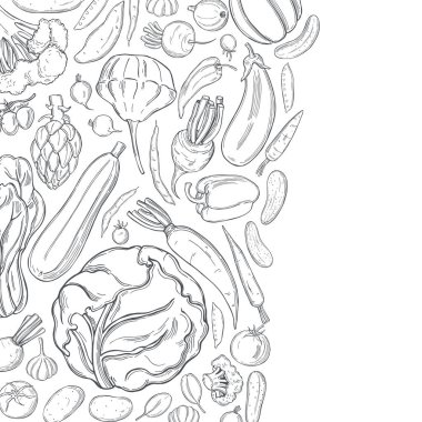 El yapımı sebzeler. Vektör arkaplanı. Çizim çizimi.  