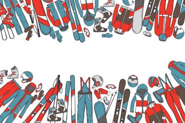 Kayakçılar ve snowboardcular için el yapımı giysi ve ekipman. Vektör arkaplanı. Çizim çizimi.  