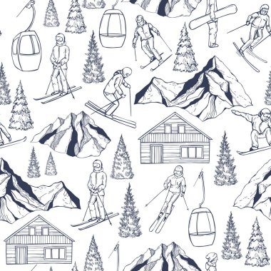 Kayak merkezi. El yapımı snowboardcular ve kayakçılar. Dağlarda Chalet. Vektörsüz desen.