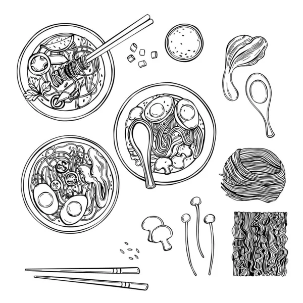 Sopa Macarrão Asiática Desenhada Mão Ramen Pronto Desenho Vetorial Ilustração —  Vetores de Stock