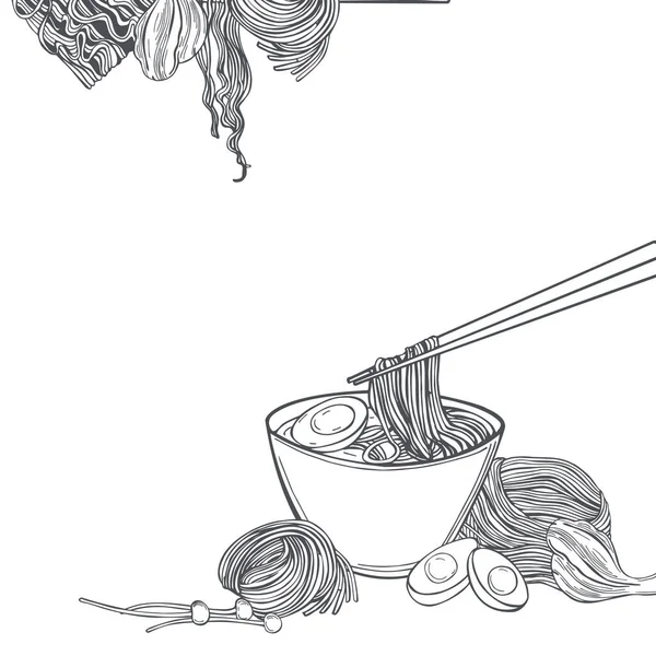 Hand Drawn Asian Noodle Soup Ramen Set Vector Background Sketch — Stock Vector