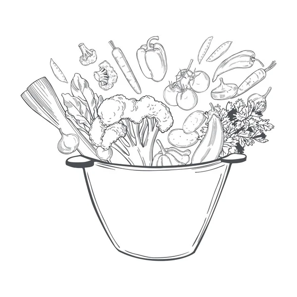 Handgezeichnetes Gemüse Einem Topf Auf Weißem Hintergrund Vektorskizze Als Illustration — Stockvektor