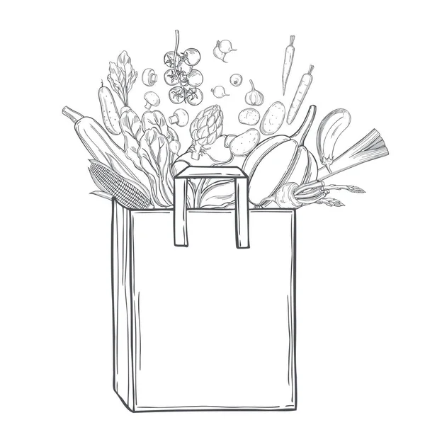 Verduras Dibujadas Mano Bolsa Papel Sobre Fondo Blanco Dibujo Vectorial — Vector de stock