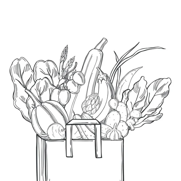 Verduras Dibujadas Mano Bolsa Papel Sobre Fondo Blanco Dibujo Vectorial — Vector de stock