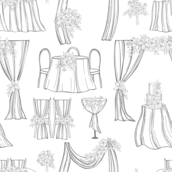 手描きの結婚式セット ケーキ アーチ テーブルの装飾 ブライダルブーケ ベクトルシームレスパターン — ストックベクタ