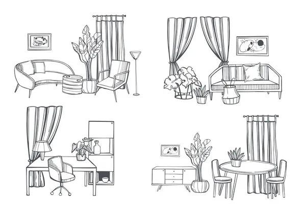 Muebles Lámparas Plantas Para Hogar Dibujo Vectorial Ilustración — Vector de stock