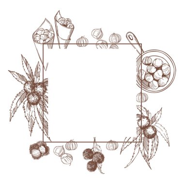 El yapımı kavrulmuş kestane seti. Vektör çerçevesi. Çizim çizimi.