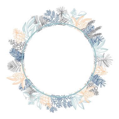 Noel bitkileriyle vektör çerçevesi. Elle çizilmiş ilüzyon.