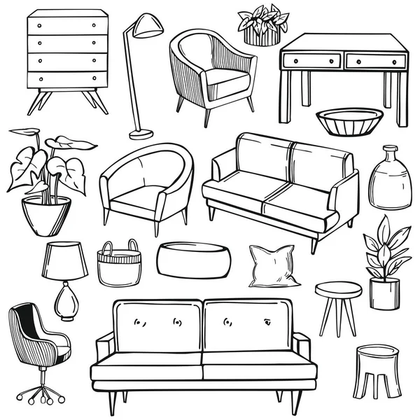 Muebles Lámparas Plantas Dibujadas Mano Para Hogar Dibujo Vectorial Ilustración — Vector de stock