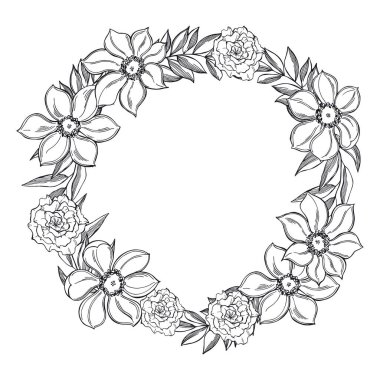 El yapımı çiçek çelengi. Çiçeklerin siyah-beyaz çizimi. Vektör çizimi..