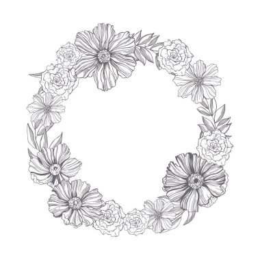 El yapımı çiçek çelengi. Çiçeklerin siyah-beyaz çizimi. Vektör çizimi..