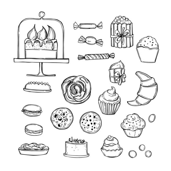 Produtos Confeitaria Feitos Mão Bolachas Doces Bolos Cupcakes Desenho Vetorial — Vetor de Stock