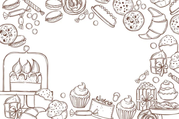 Fond Confiserie Dessiné Main Biscuits Bonbons Gâteaux Cupcakes Illustration Croquis — Image vectorielle