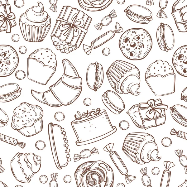 Produits Boulangerie Dessinés Main Biscuits Gâteaux Muffins Modèle Sans Couture — Image vectorielle