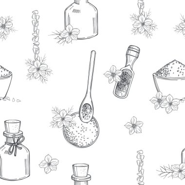 El yapımı siyah kimyon seti. Çiçekler, yağ ve tohumlar. Vektörsüz desen