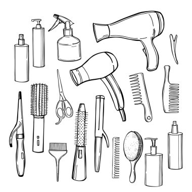 Hand-drawn equipment for styling and hair care. Products and tools for home remedies of hair care.Vector sketch  illustration.