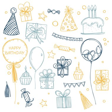 Hand-drawn birthday set. Vector sketch  illustration.
