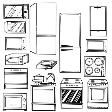 Hand-drawn kitchen appliances set. Fridges, stoves, and microwave ovens. Vector sketch illustration.
