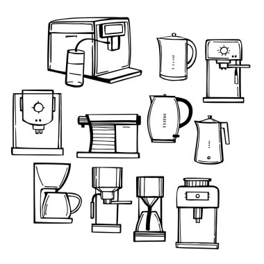 Hand-drawn kitchen appliances set. Coffee machines and kettles. Vector sketch illustration.