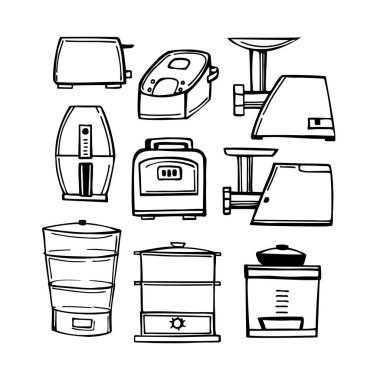 Hand-drawn kitchen appliances set. Vector sketch illustration.