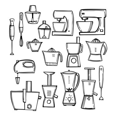 Hand-drawn kitchen appliances set. Mixers and blenders. Vector sketch illustration.