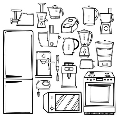 Hand-drawn kitchen appliances set. Vector sketch illustration.