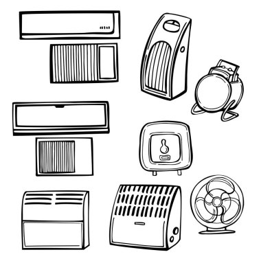 Hand-drawn household appliances for home. Air conditioners and heaters. Vector sketch  illustration.
