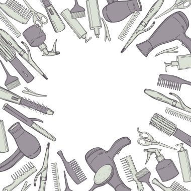Hand-drawn equipment for styling and hair care. Products and tools for home remedies of hair care. Vector background.