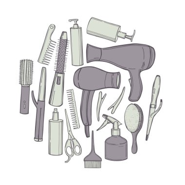 Hand-drawn equipment for styling and hair care. Products and tools for home remedies of hair care.Vector sketch  illustration. 