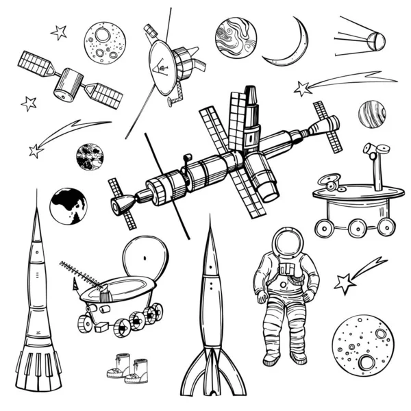 Handgezeichnete Weltraumobjekte Planeten Kometen Raketen Vektorskizze Illustration — Stockvektor