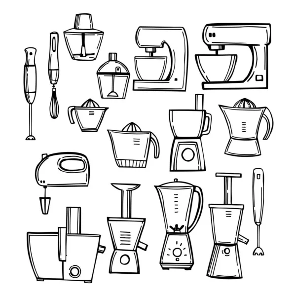 Hand Drawn Kitchen Appliances Set Mixers Blenders Vector Sketch Illustration — Wektor stockowy
