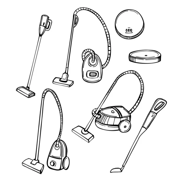 Hand Drawn Household Appliances Home Vacuum Cleaners Vector Sketch Illustration —  Vetores de Stock