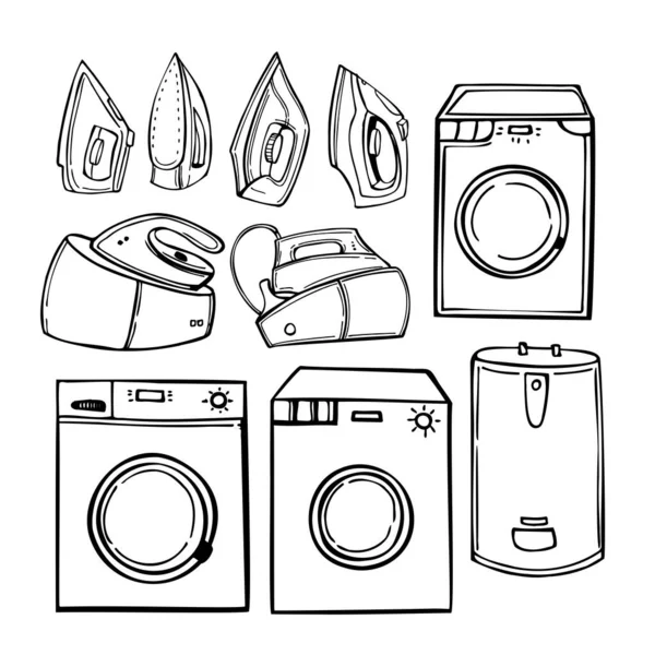 Hand Drawn Household Appliances Home Irons Washing Machines Vector Sketch — Image vectorielle