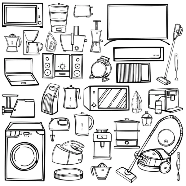 Hand Drawn Household Appliances Home Vector Sketch Illustration — Stock Vector